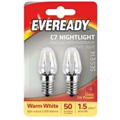 Eveready S1067 Night Light Bulbs SES E14 7W Warm White 50Lm Card of 2 / Box of 20 Cards * Clearance *